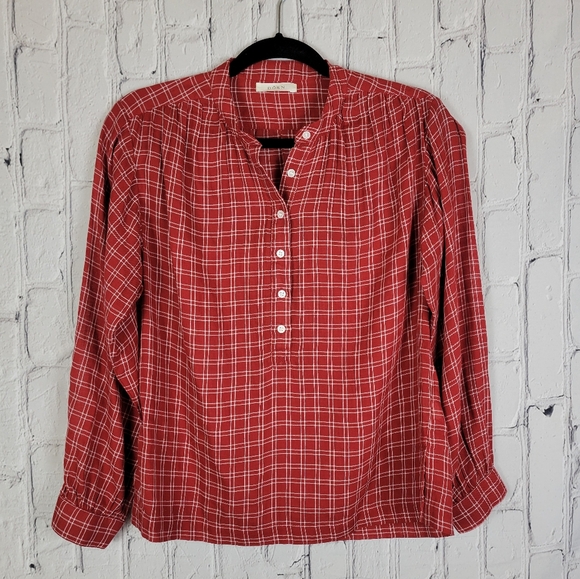 Doen Holde rouge red cottage plaid long sleeve button front shirt top - Picture 5 of 14